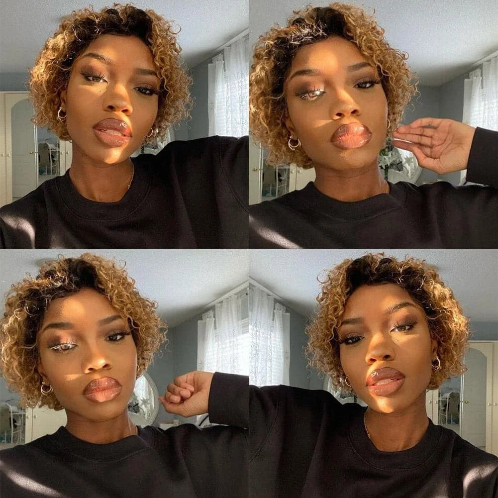 Pixie Cut Wig Kinky Curly Human Hair Wig Honey Blonde Burgundy Colored Short Curly Bob Wigs Pre plucked 13x1 Lace Frontal Wigs