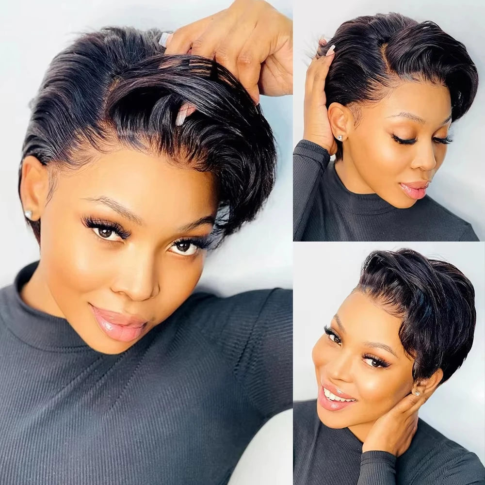 Brown Colored Pixie Cut Short Highlight Lace Human Hair Wigs For Women Ombre Short Brazilian Human Hair Wig Straight Pre Plucked