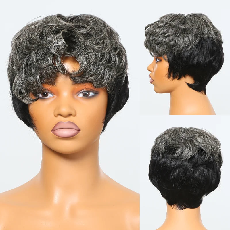 Salt And Pepper Bob HD 5X5 Glueless Human Hair Wigs Ready To Go Half Black Of Back Edgy Pixie Cut Wig With Natural Wave Bang
