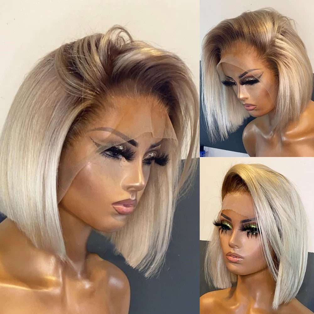 13x6 Blonde Ombre Human Hair Wigs For Women Short Straight Bob Lace Front Wig With Roots 13x4 HD Transparent Lace Remy Hair Wig
