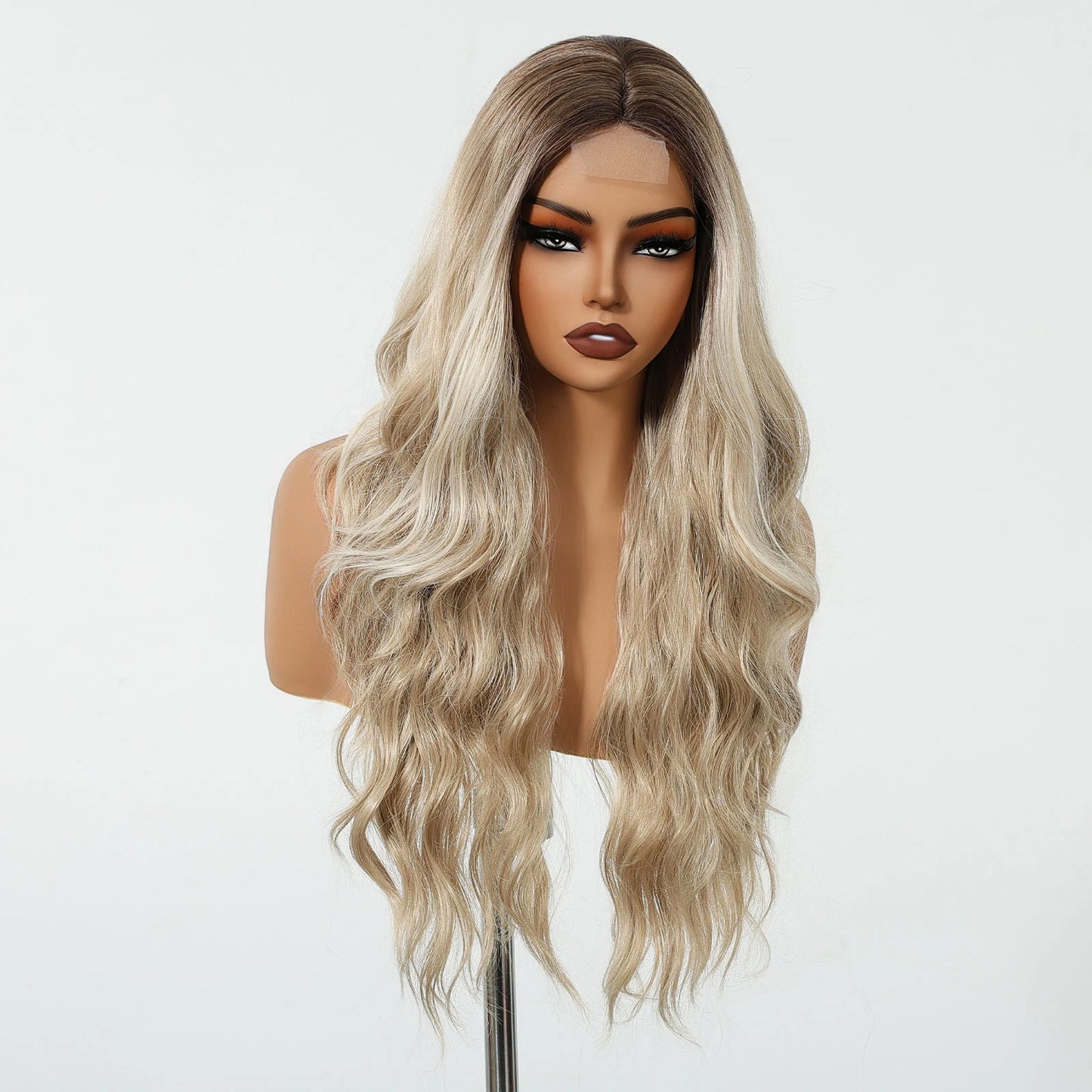 Synthetic Lace Hairline Wigs Platinum Blonde Highlight Long Wavy Lace Forehead Wig Hand Crochet Wigs for Women Heat Resistant