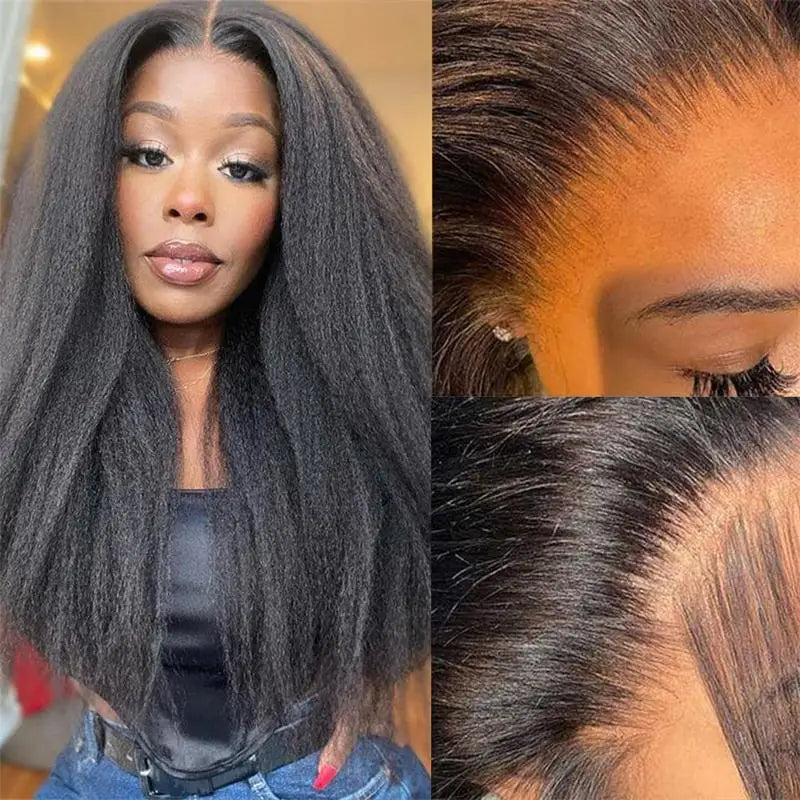 Kinky Straight Human Hair Wig 13X4 Kinky Straight Wig Human Hair PrePlucked With Baby Hair Yaki Straight Lace Front Wigs