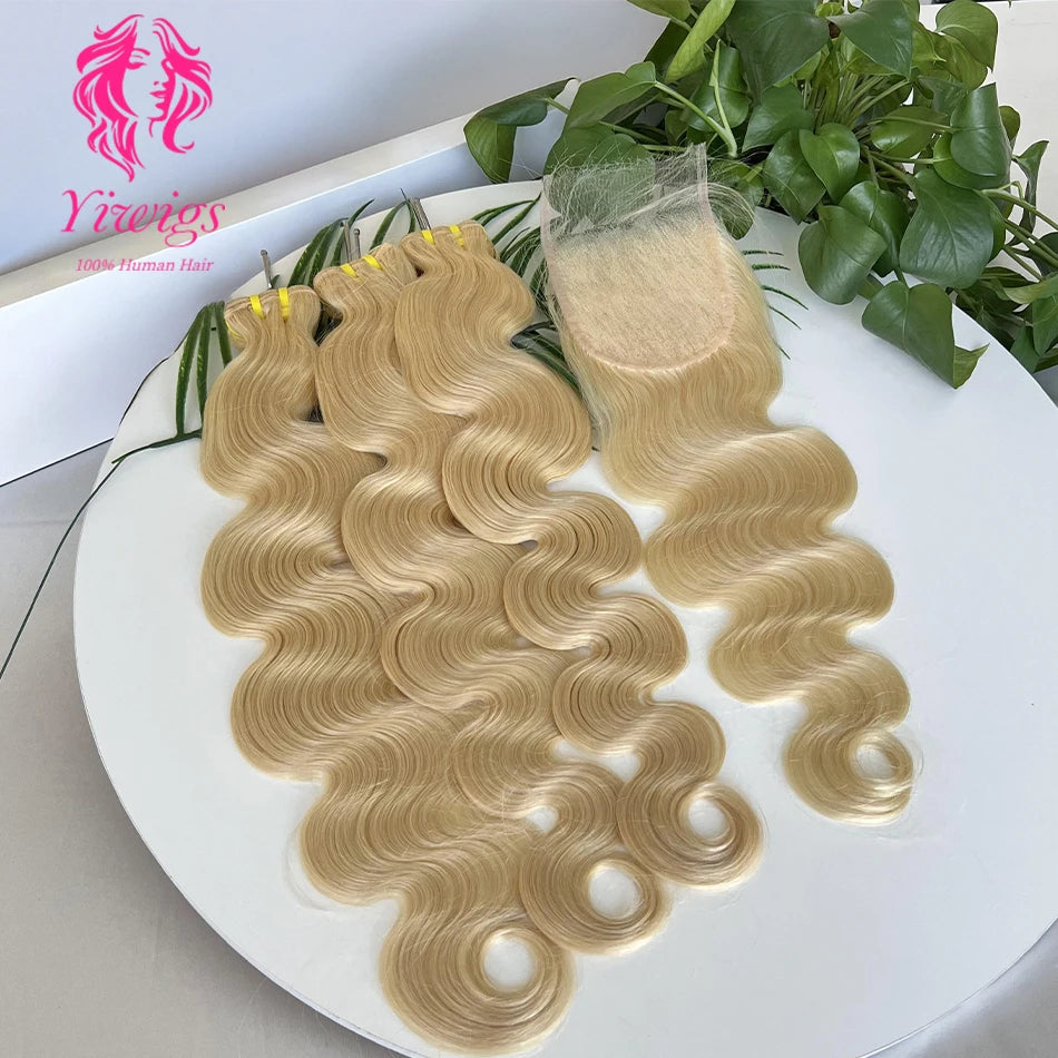Yiwigs 12A Grade 613 Blonde Colored Body Wave 100% Human Hair Bundles With 4x4 Real HD Lace Closure Hair Weave Extensions Thick
