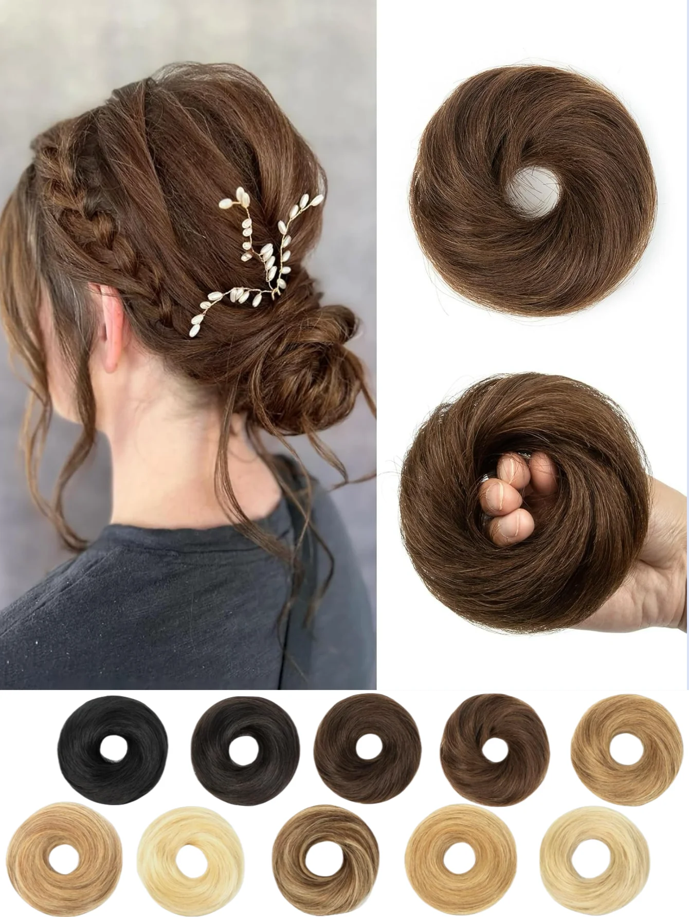 Messy Bun Hair Piece Human Hair Natural Black Wavy Tousled Stretchy Fluffy Donut Updo Elegant Chignon with Elastic Rubber Band