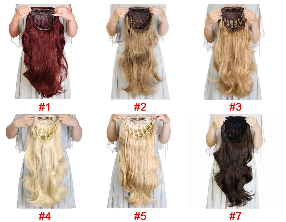 24 Inch Long Wavy Head Tied 3/4 Half Wigs With Clips In, Synthetic Fibers Hair Extension Wigs For Women