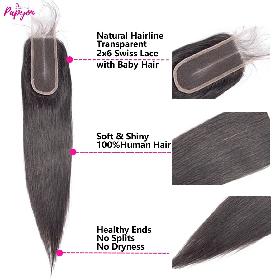 Straight Human Hair Bundles with 2x6 Middle Part Lace Closure 12A Brazilian Raw Hair Weaving Extensions Bundles And Closures