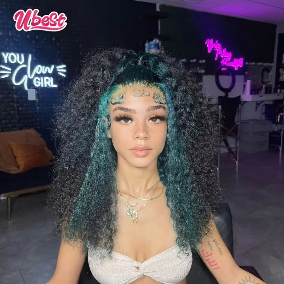 Ubest 13X6 Transparent Lace Front Wigs Curly 100% Human Hair Ombre Dark Green Colored 5X5 Lace Closure Wig Pre Plucked For Women
