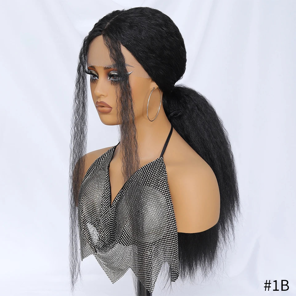 28 Inch Kinky Straight Lace Wigs Synthetic Black T Part Yaki Straight Lace Front Wigs For Women Brown Afro Wigs With Hair Line