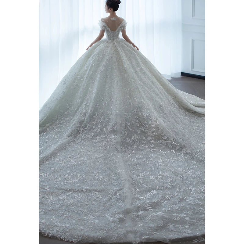 2024 New Luxury Wedding Dress The Shoulder V-neck Sexy Lace Applique Princess Wedding Gown With Pearls Vestido Noiva Customized