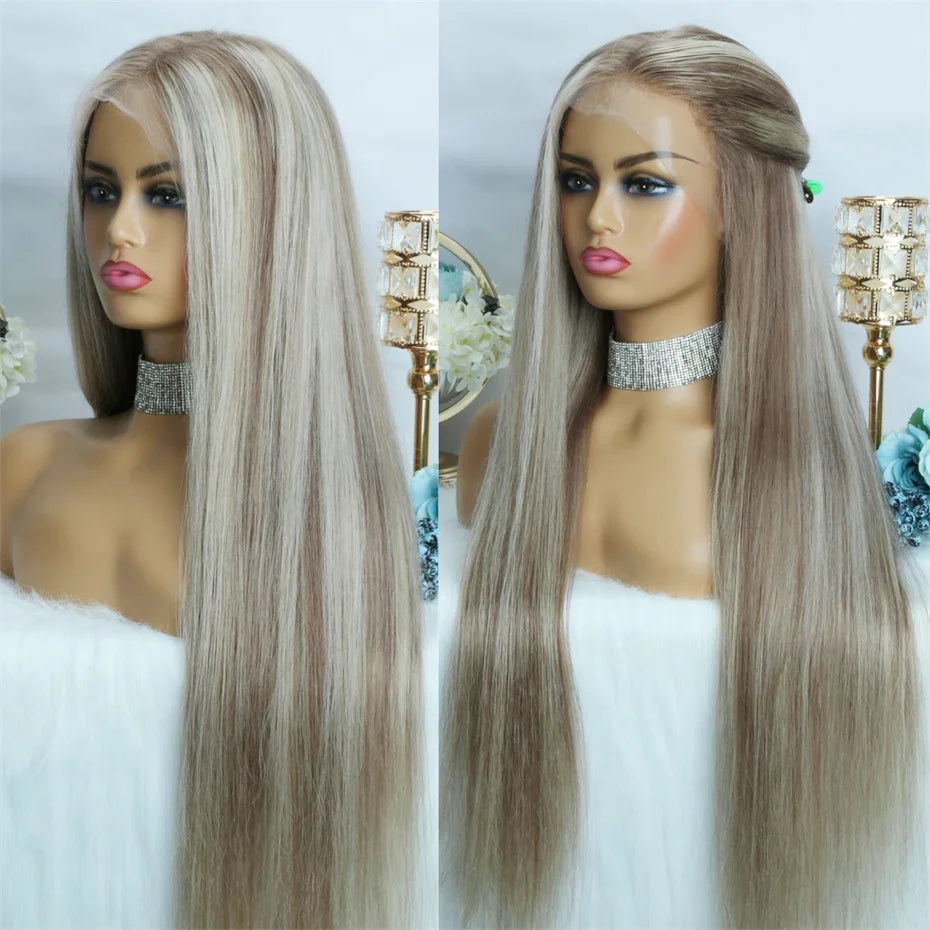 13x6 360 Transparent Lace Front Wigs Human Hair Wig Remy Brazilian Ash Blonde Highlight Lace Frontal Wigs For Women 28 30 Inch