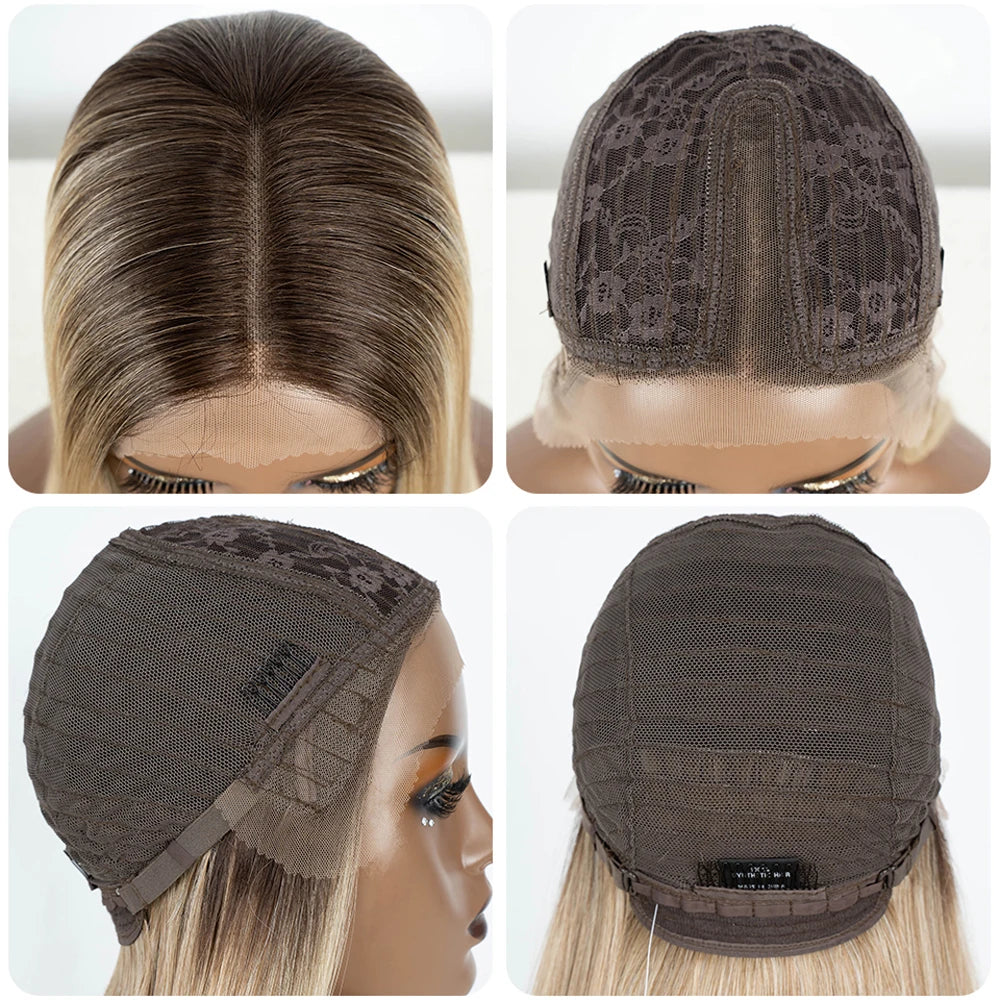Synthetic Lace Front Wig Straight Baby Hair Bob Wig Bown Black Blonde Hair Wig 22"Cosplay Wig For Women Heat Resistant Wig