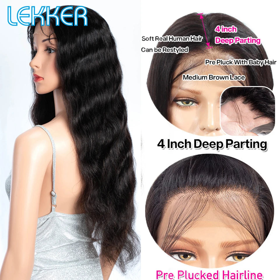 Lekker 30”32“ Body Wave 13x1 T Part Lace Front 100% Human Hair Wigs For Women Brazilian Remy Hair Middle Part Lace Long Wavy Wig
