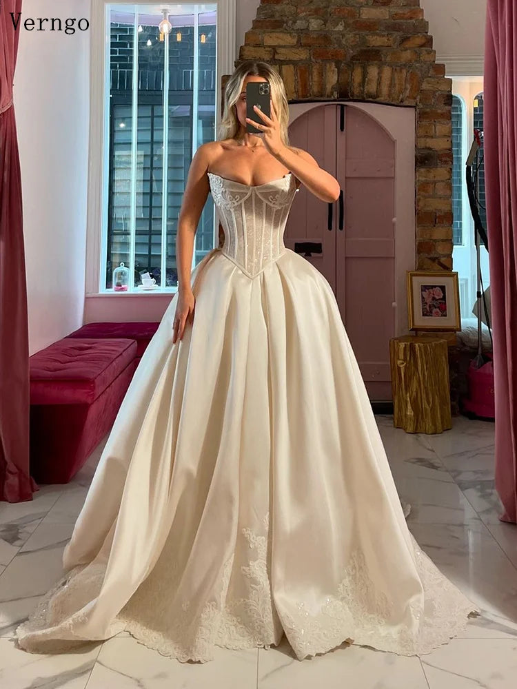 Verngo lvory Satin Wedding Dress Basque Waist A Line Long Bridal Gowns Bone Tight Bride Dresses 2025Customized vestido de novia