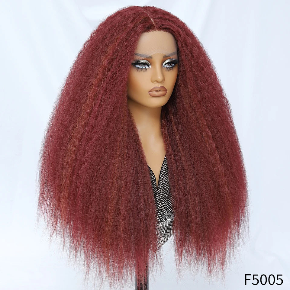 28 Inch Kinky Straight Lace Wigs Synthetic Black T Part Yaki Straight Lace Front Wigs For Women Brown Afro Wigs With Hair Line