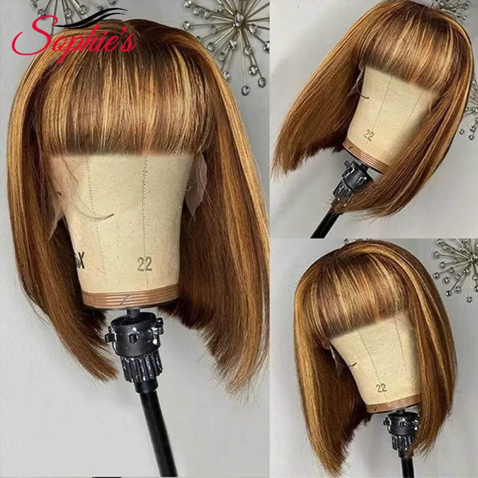 Sophies P4/27# Color Full Machine Made Bob Wig With Bang Human Hair Wigs 180% Density Brazilian Hair Remy Hair 10-14 inch Wigs
