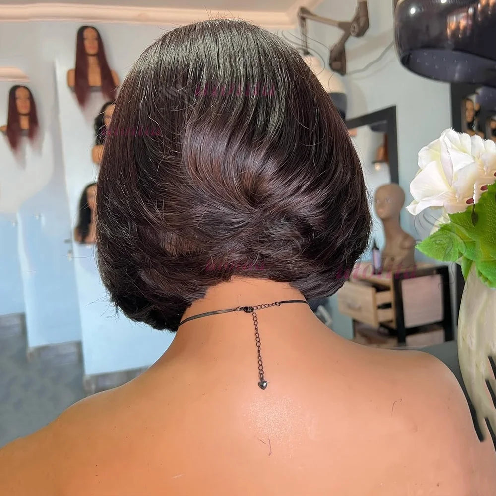 Short straightBob Wigs 13x4 HD Lace Closure Wig Blunt Cut with face framing layers Glueless Human Hair Ombre Chocolate brown wig