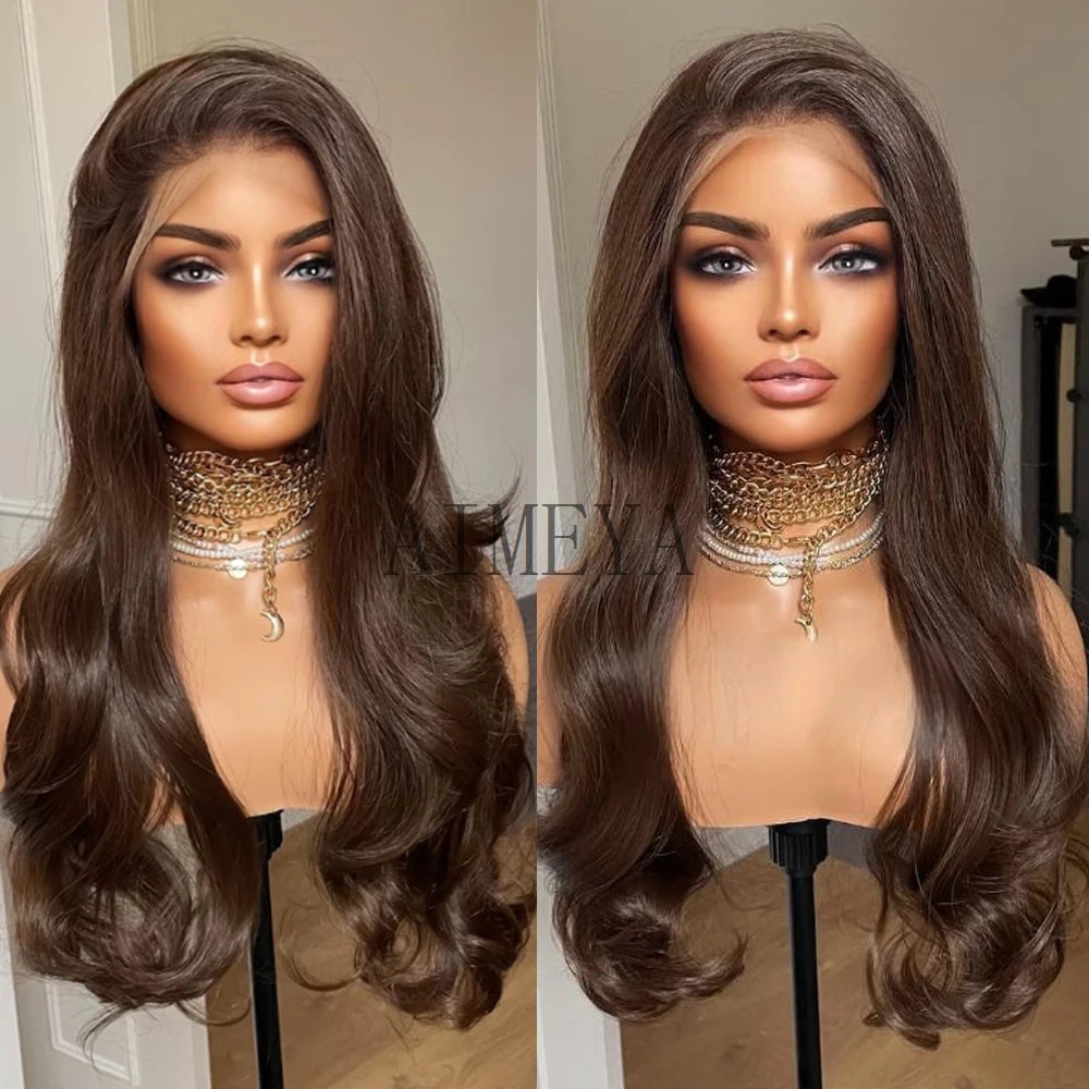 AIMEYA Long Brown Wigs for Women Synthetic Lace Wig Body Wave Lace Front Wigs Heat Resistant Cosplay Natural Hairline Daily Use