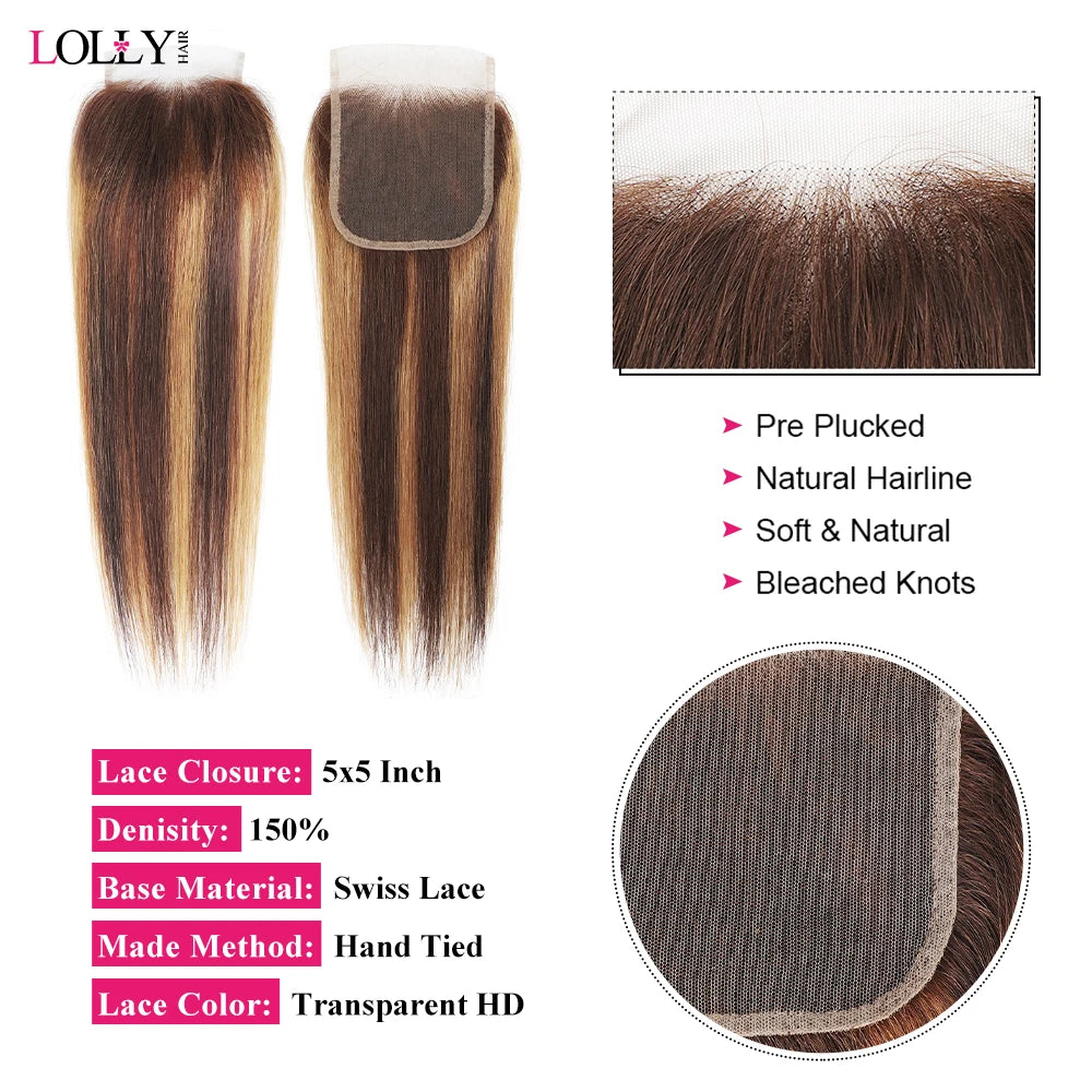 Brazilian P4/27 Highlight Bundles With Closure 4x4 5x5 Transparent Lace Closure With Straight Bundles 3/4 Bundles Human Hair