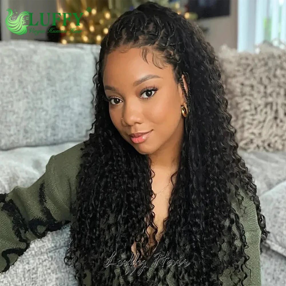 Braided Wigs 100% Human Hair Full Lace Wigs Knotless Boho Box Braids 300 Density Wig Curly Human Hair Pre Plucked with Baby Hair