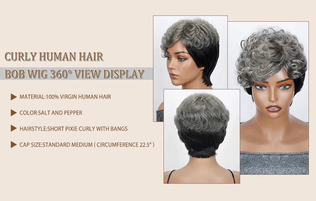 Salt And Pepper Bob HD 5X5 Glueless Human Hair Wigs Ready To Go Half Black Of Back Edgy Pixie Cut Wig With Natural Wave Bang