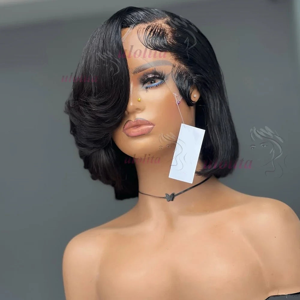 Short straightBob Wigs 13x4 HD Lace Closure Wig Blunt Cut with face framing layers Glueless Human Hair Ombre Chocolate brown wig