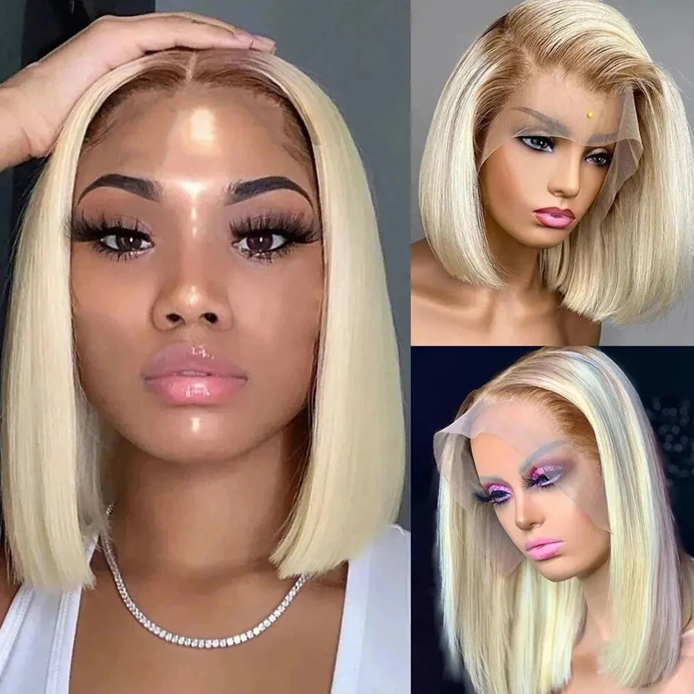 13x6 Blonde Ombre Human Hair Wigs For Women Short Straight Bob Lace Front Wig With Roots 13x4 HD Transparent Lace Remy Hair Wig
