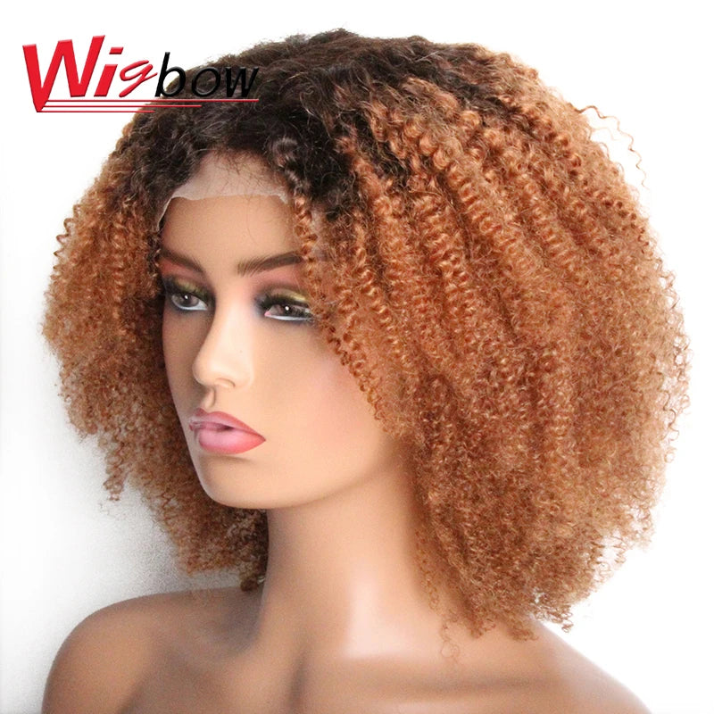 Ombre Human Hair 4x4 Closure Wig For Women Brazilian Hair Short Human Curly Wigs Mid Part Lace Wigs With Pre-Plucked T1B/27/30