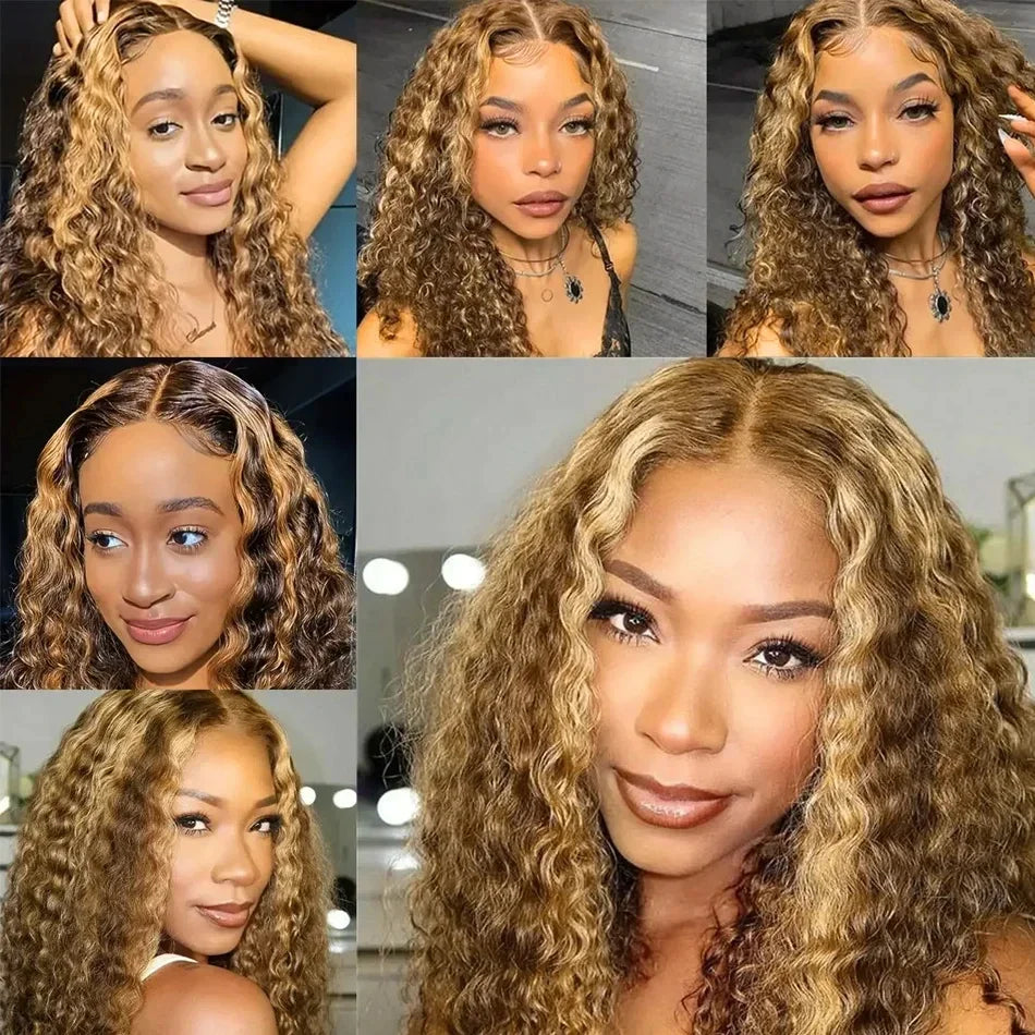 4/27 Highlight Curly Wigs Short Bob Wig Human Hair Brazilian Water Wave Ombre Blonde Color 13x4 Full Lace Frontal Wig For Women