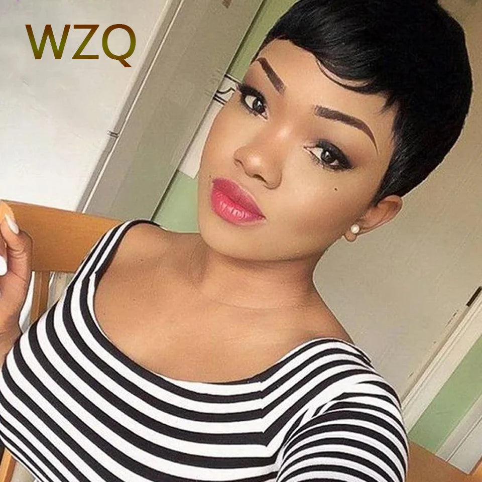 Glueless Short Pixie Cut Wig Human Hair Ready to Wear Brazilian Human Hair Wigs For Women Black Natural Color Full Machine Wigs