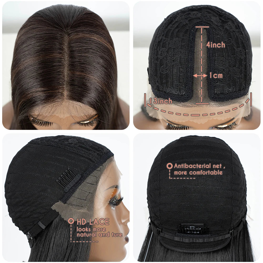 Synthetic Lace Front Wig Straight Baby Hair Bob Wig Bown Black Blonde Hair Wig 22"Cosplay Wig For Women Heat Resistant Wig