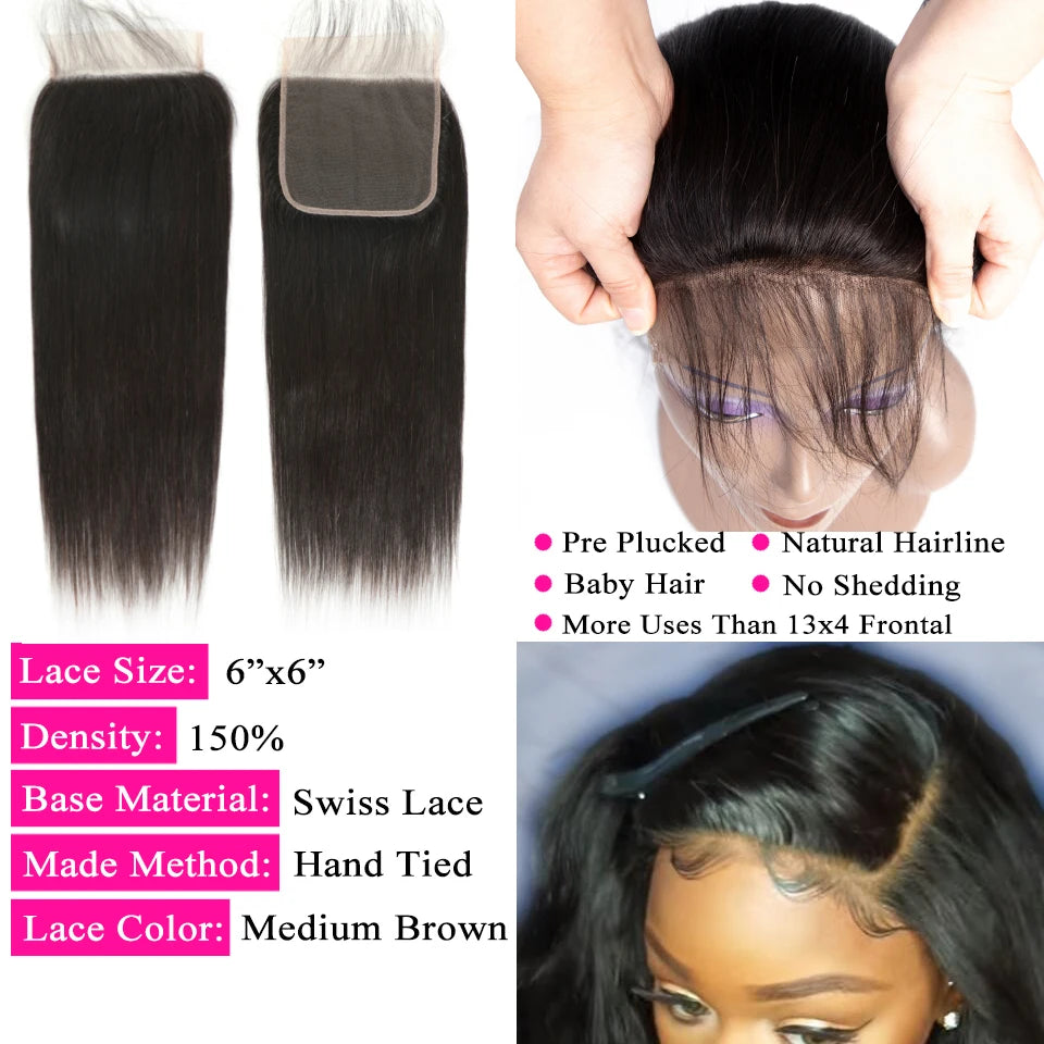 30 40inch Straight Human Hair Bundles with 5x5/6x6 Closure Brazilian Raw Bundles 100%Human Hair 13x4 Frontal Closure And Bundles