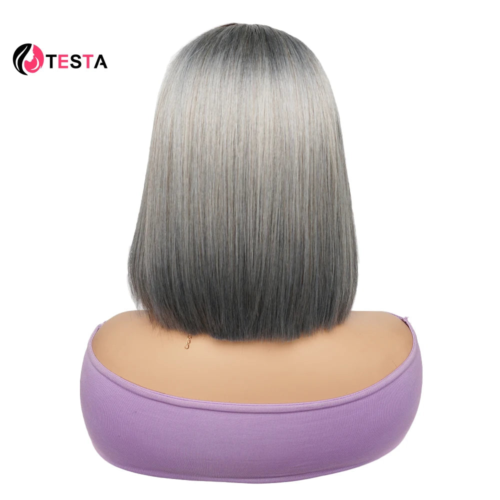 Super Double Drawn Bone Straight Human Hairs Wig Omber 1B/grey Bob Wig 2*4 Lace Wig Extension Middle Part Kim Closure Wigs 300%
