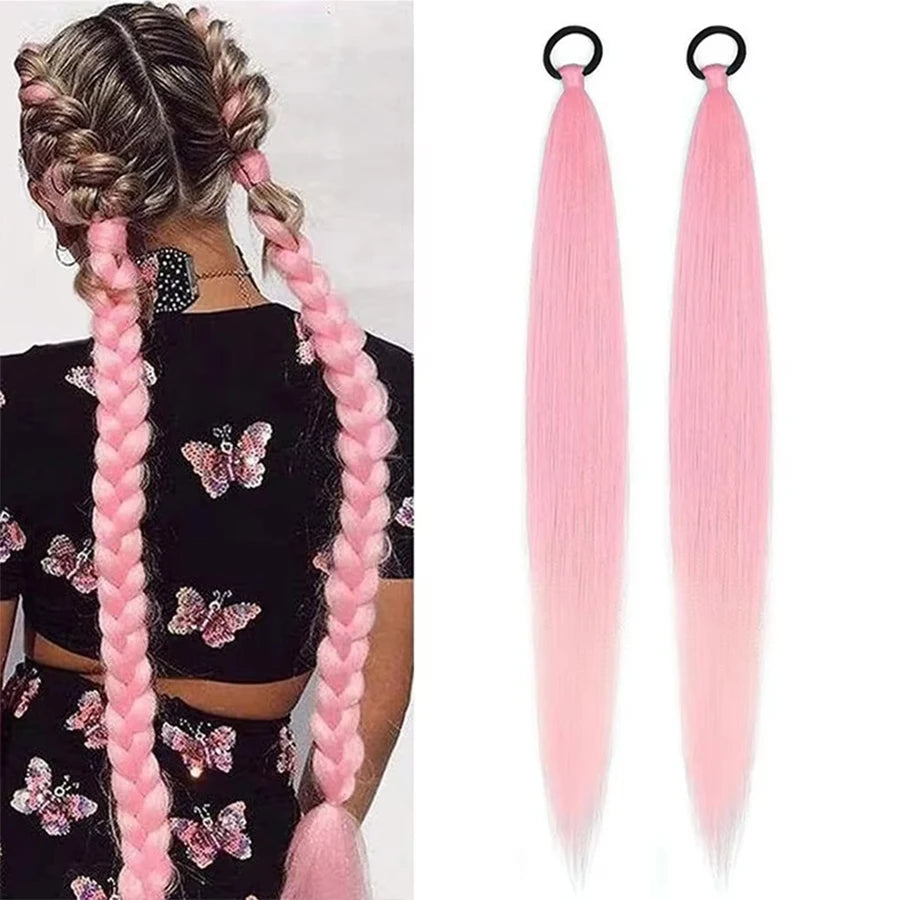 2PCS 26Inch Synthetic Long Straight Ponytail with Elastic Hair Colorful Braiding Hair Ponytail Hair Extensions Hair Accessories