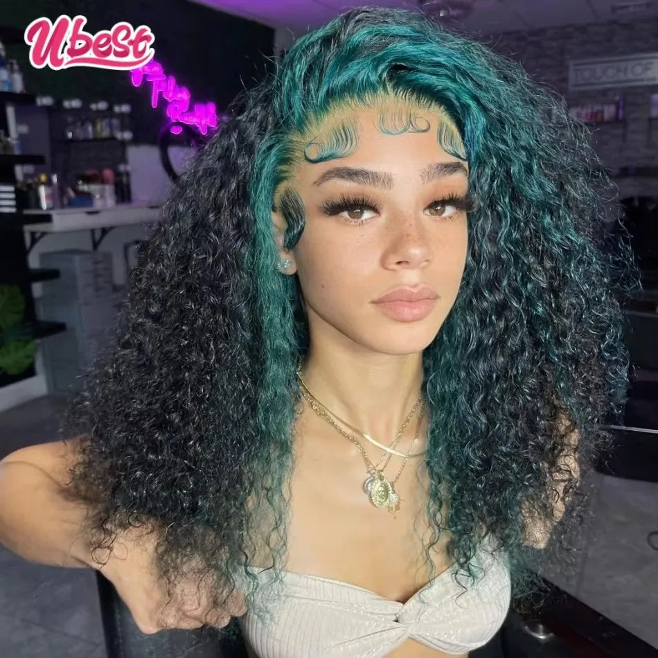 Ubest 13X6 Transparent Lace Front Wigs Curly 100% Human Hair Ombre Dark Green Colored 5X5 Lace Closure Wig Pre Plucked For Women