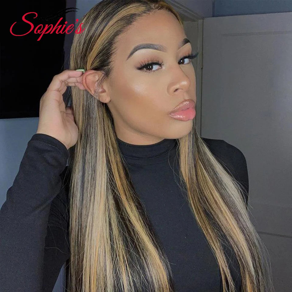 Sophie's 13*4 Lace Frontal Highlight Human Hair Wig 180% Density Wigs for Women Brazilian Straight Remy Hair Wig 14-28 Inch