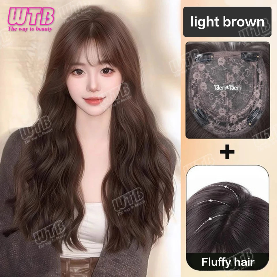 60cm Synthetic Middle Part Topper Hairpiece with Bangs Clip-In Bangs Extension Natural Invisible Clourse Hairpiece for Women