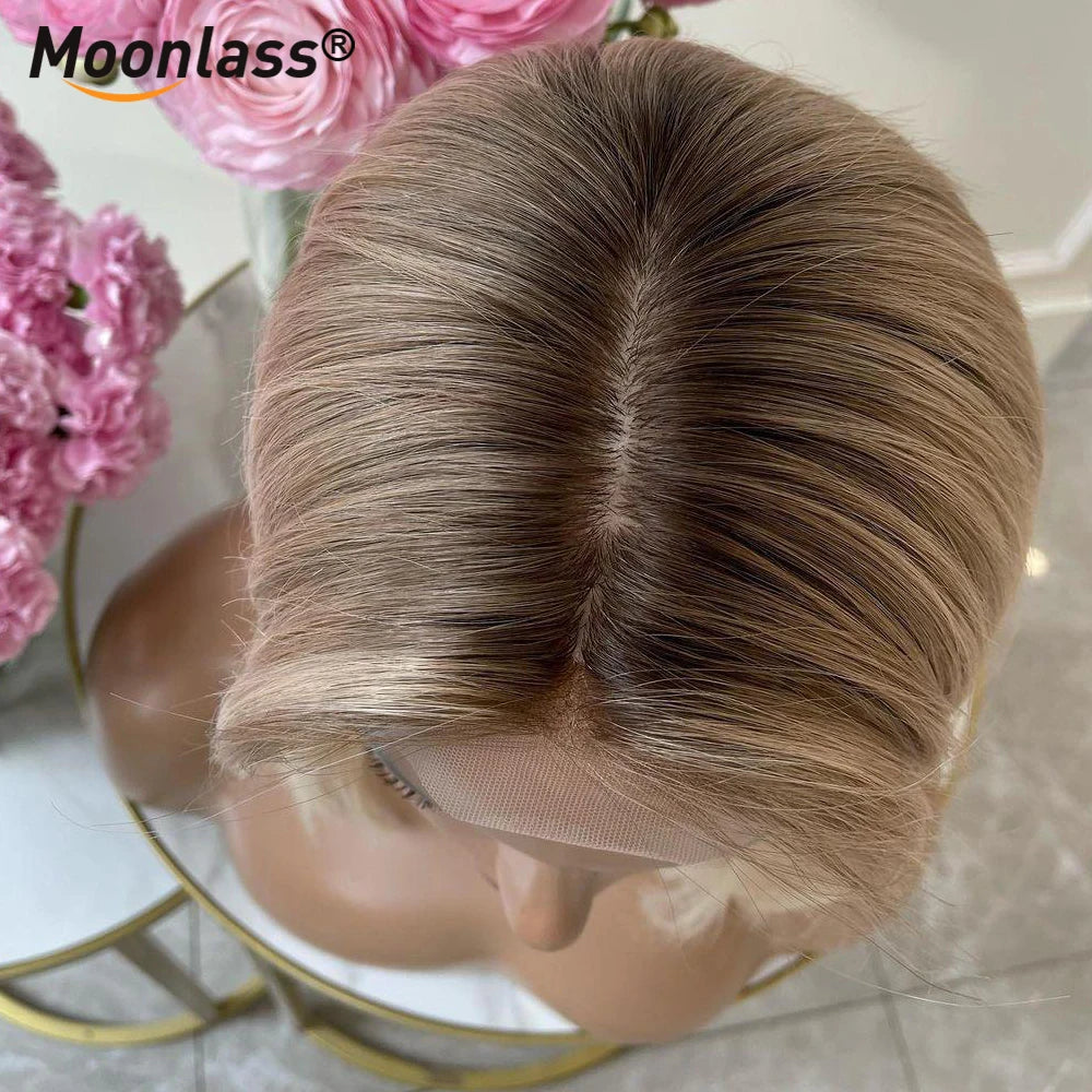 Moonlass Short Bob Cut Ash Blonde With Dark Root 100% Human Hair Wigs 220% Density Body Wave 13x4 Transparen Lace Front Wigs