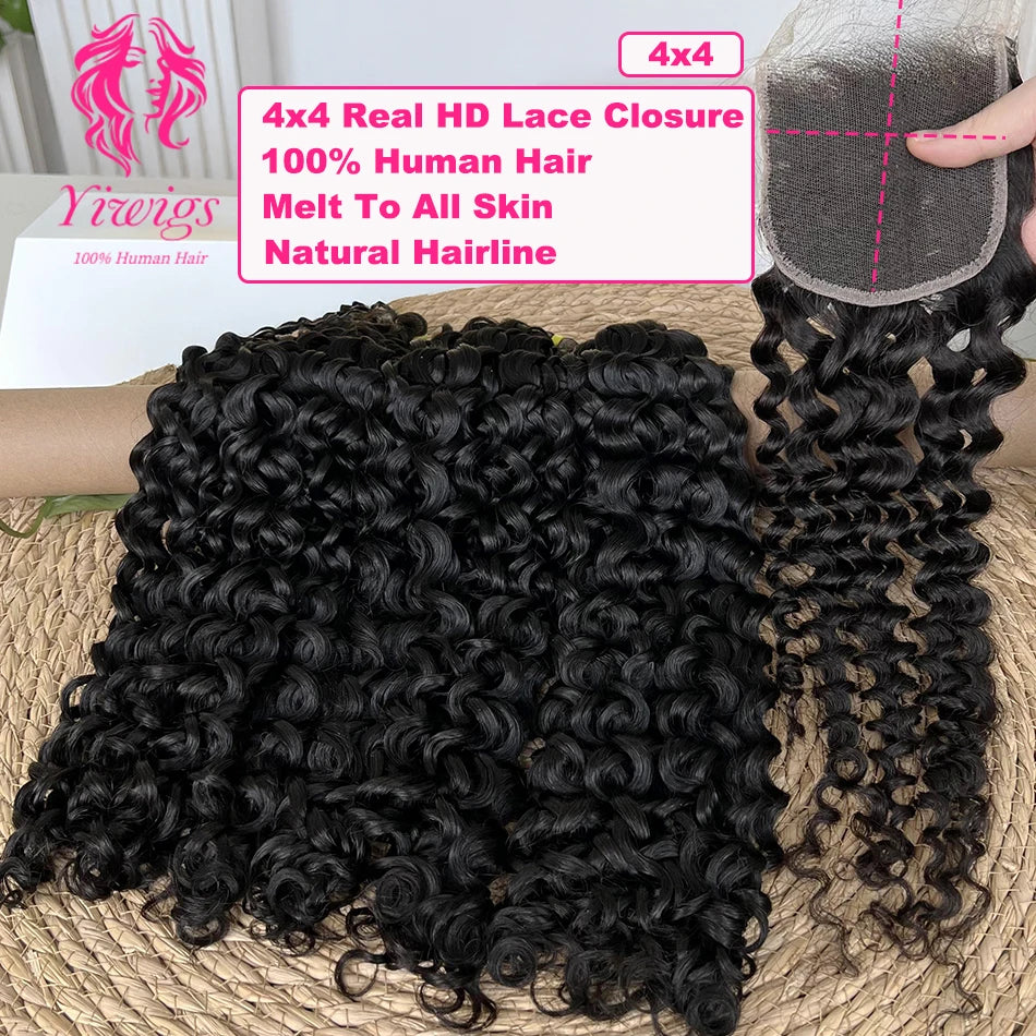 Yiwigs 12A Grade Double Drawn Deep Curly 100% Raw Virgin Human Hair Bundles With 4x4 Real HD Lace Closure Hair Weave Extensions