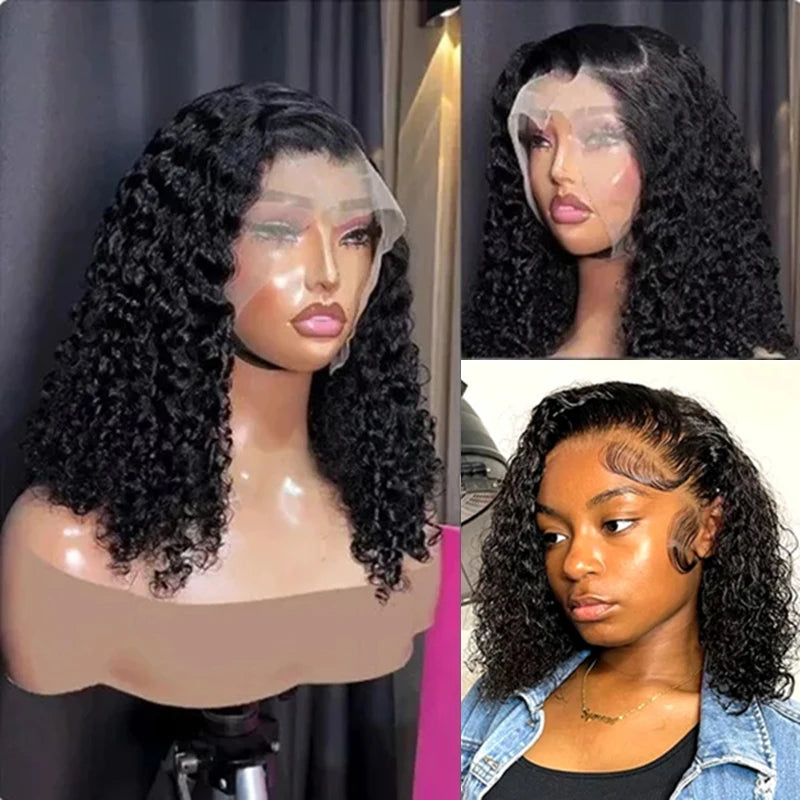 Deep Wave 13x4 Lace Frontal Bob Wig 200% Density Brazilian Pre Plucked 100% Human Hair Wigs #1B Water Wave Invisible Lace Wigs