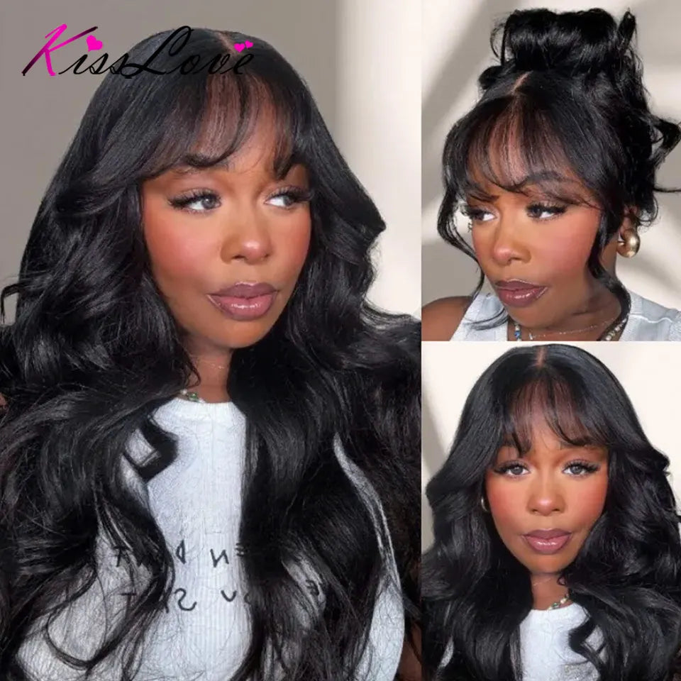 KissLove Invisi Strap 360 Lace Frontal Wigs Human Hair Layer Cut Body Wave with Bang Glueless Wigs Human Hair Salon Hairstyles