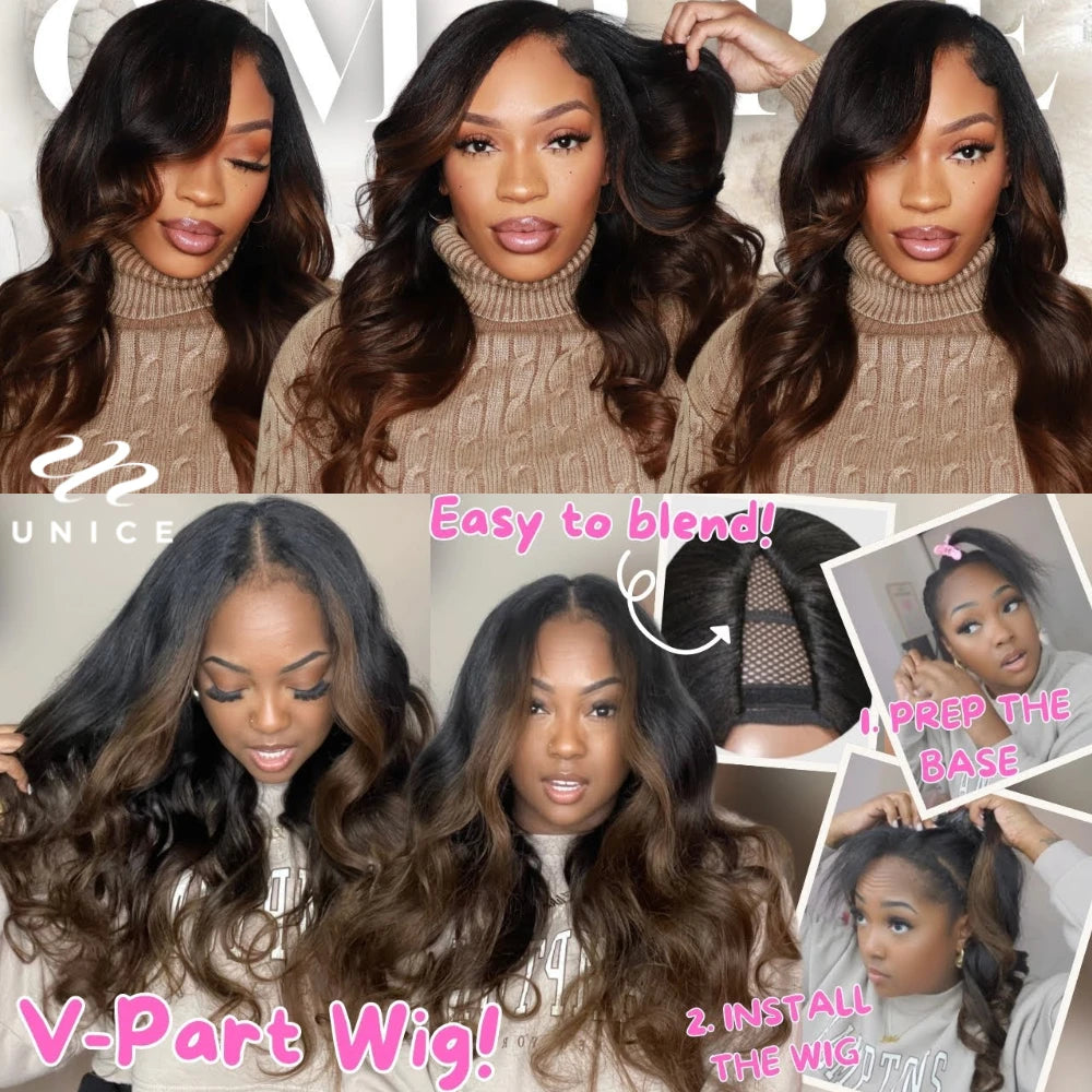 UNICE Hair Upgraded Drawstring Body Wave V Part Wig 100% Human Hair Natural Color V-Part Wig Ombre Brown VPart Wigs 150% Density