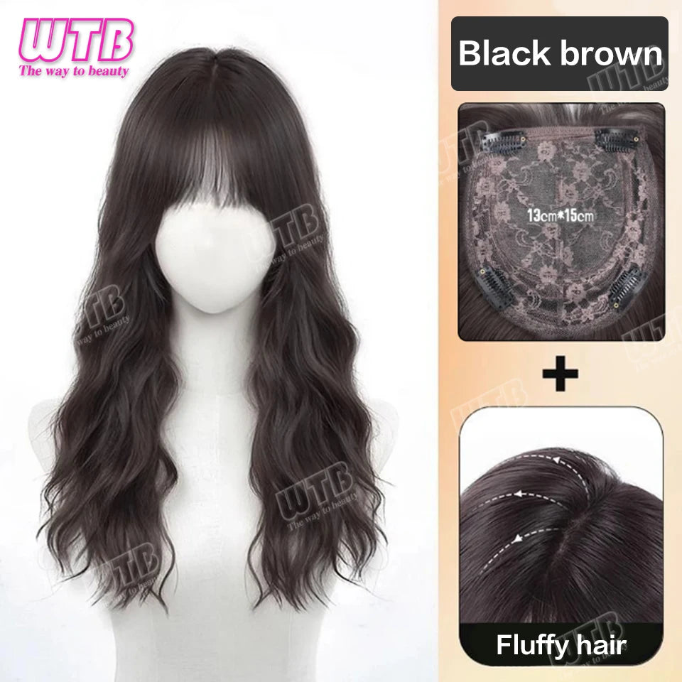 60cm Synthetic Middle Part Topper Hairpiece with Bangs Clip-In Bangs Extension Natural Invisible Clourse Hairpiece for Women