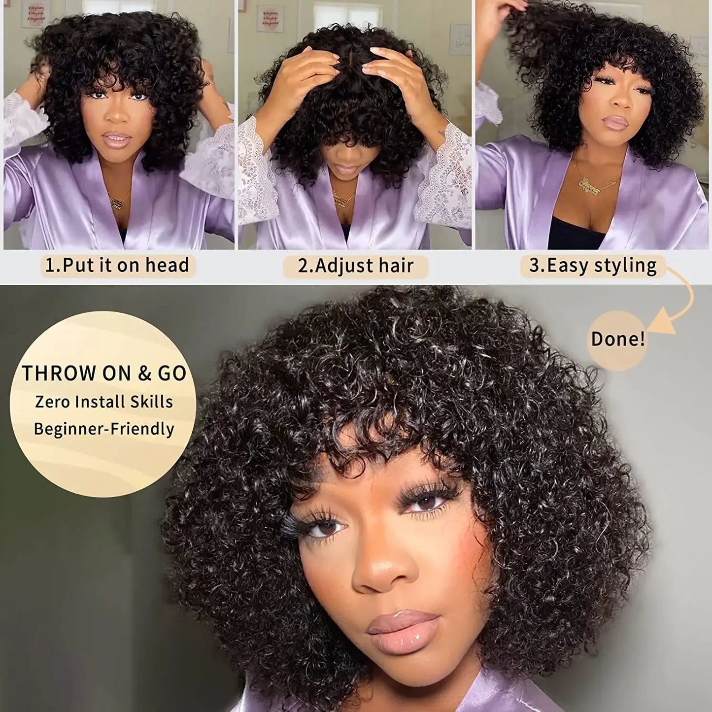 Curly Human Hair Wigs With Bangs 180% Density Water Wave Virgin Human Hair Full Machine Made Curly Glueless Wigs For Black Women