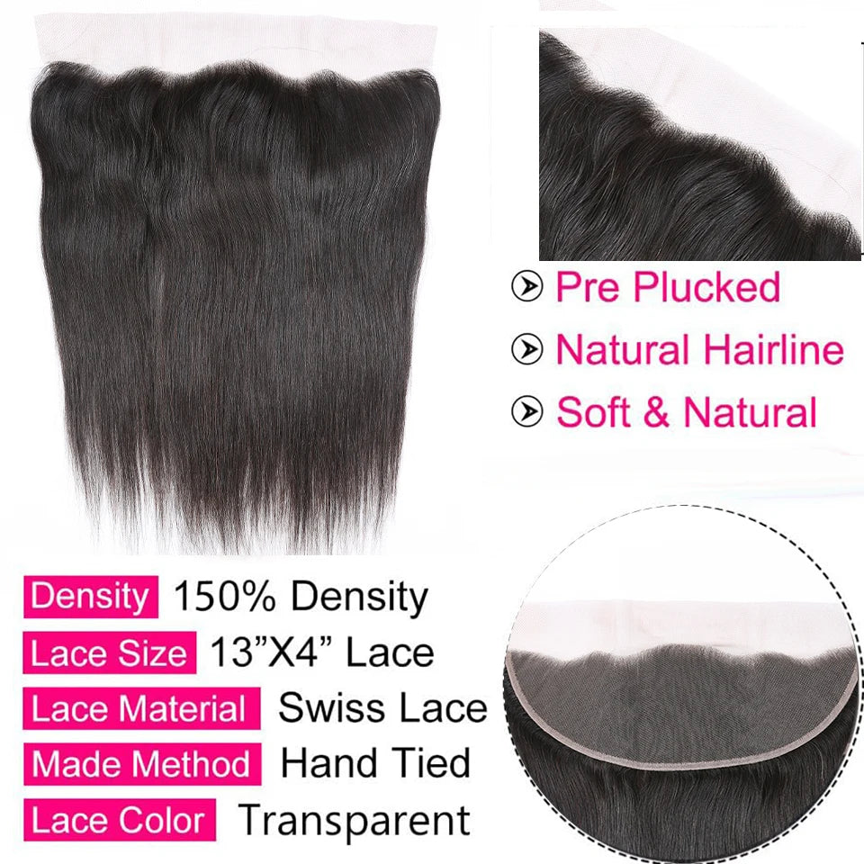 YYong Brazilian Straight Hair 3/4 Bundles With Frontal Remy Human Hair 13x4 Ear to Ear Lace Frontal Closure With Bundles