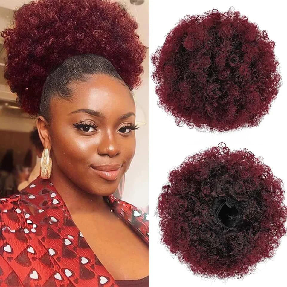 100% Human Hair Afro Kinky Puffs Drawstring Ponytail Extensions for Black Women 4# 99J 30# Kinky Curly Afro Puff Dount Chignon