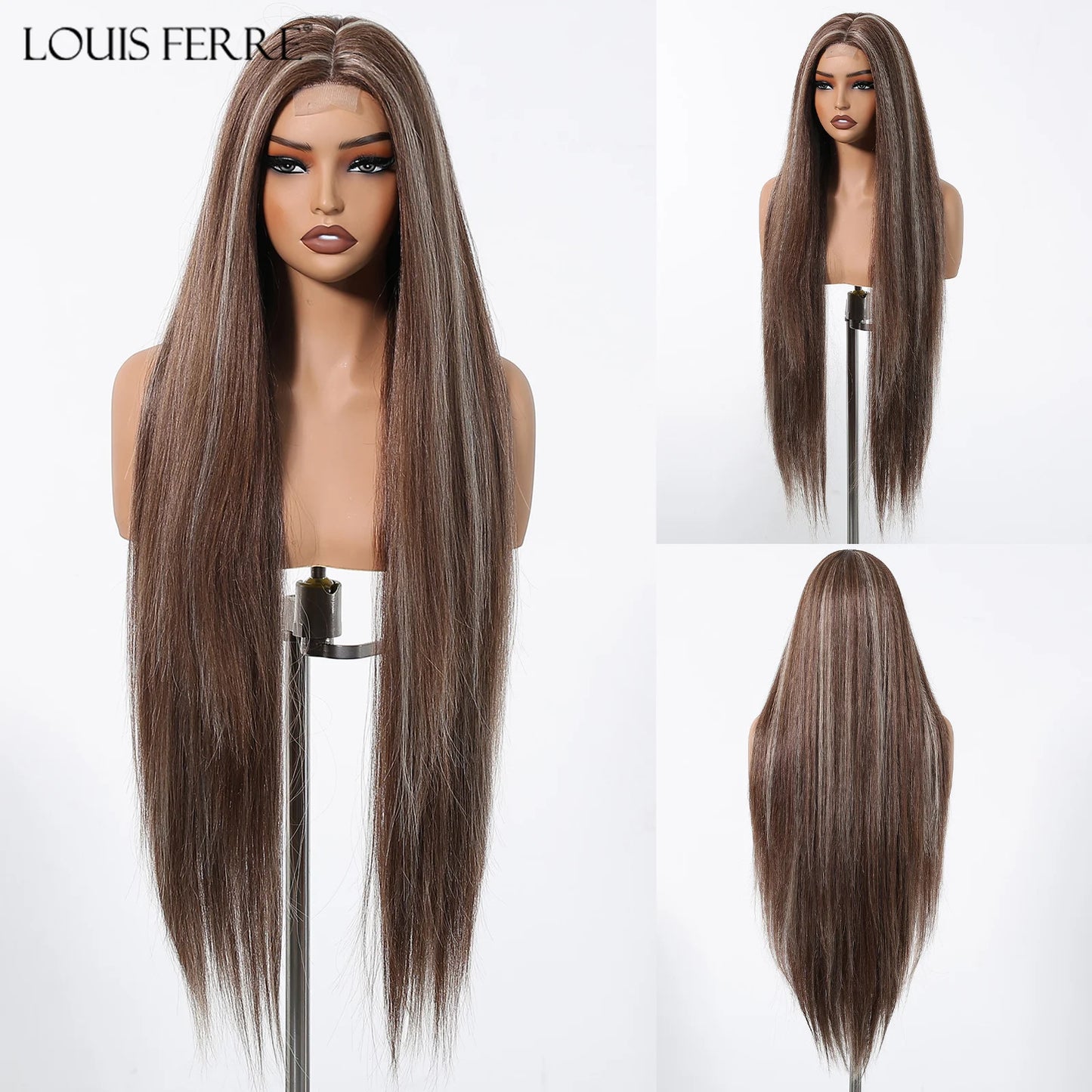Long Straight Hairline Lace Front Synthetic Wig For Black Women Brown Mixed White Natural Middle Part Wig For Daily Cosplay