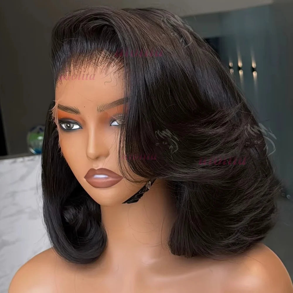 Short straightBob Wigs 13x4 HD Lace Closure Wig Blunt Cut with face framing layers Glueless Human Hair Ombre Chocolate brown wig