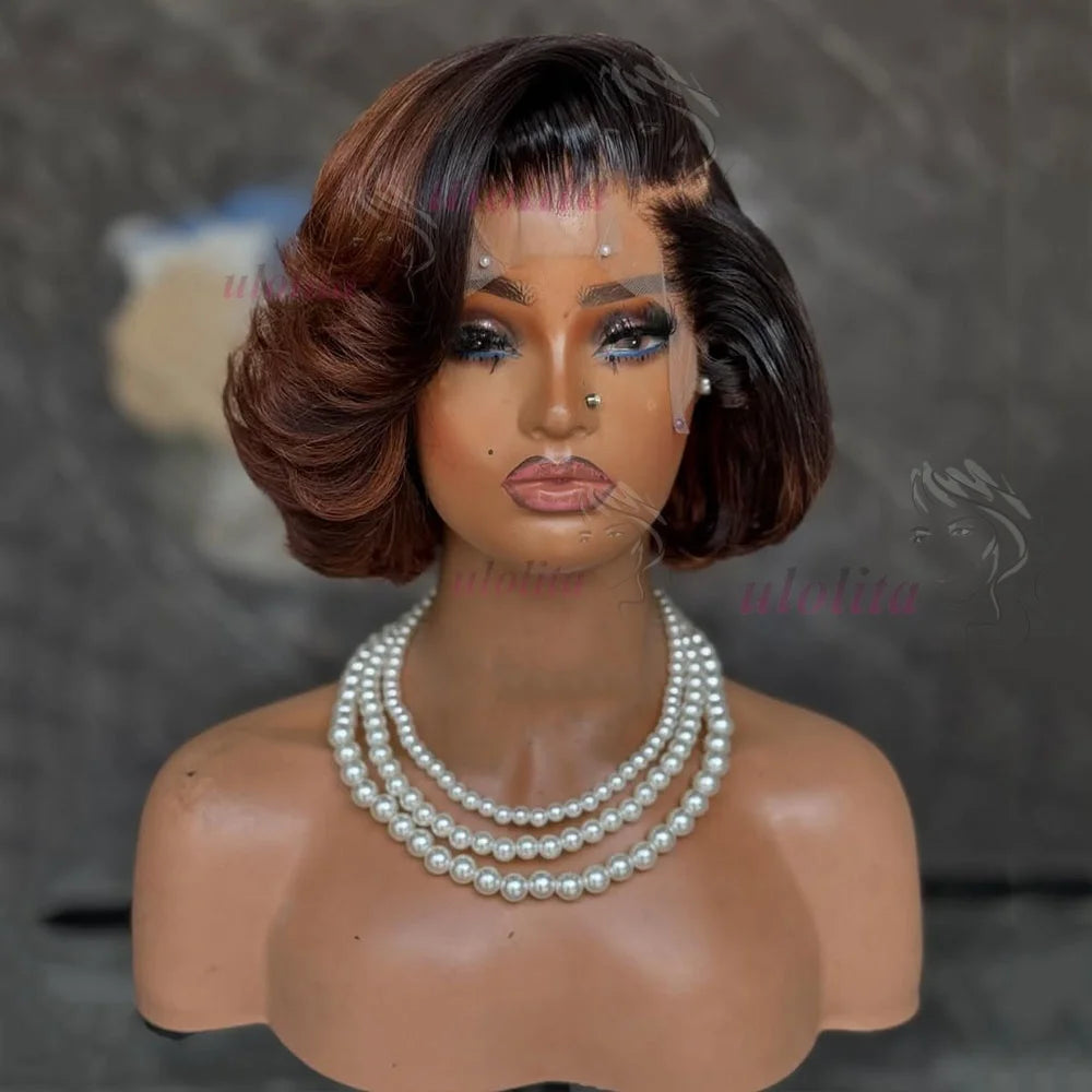 Short straightBob Wigs 13x4 HD Lace Closure Wig Blunt Cut with face framing layers Glueless Human Hair Ombre Chocolate brown wig