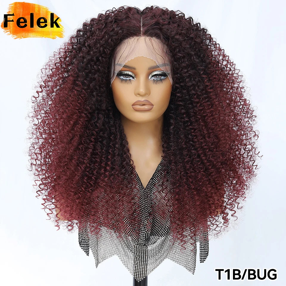 Long Afro Kinky Curly Synthetic Wig 24 Inch Jerry Curl Deep Part Lace Front Wigs For Female Ombre Blue Copper 613 Highlight Wigs