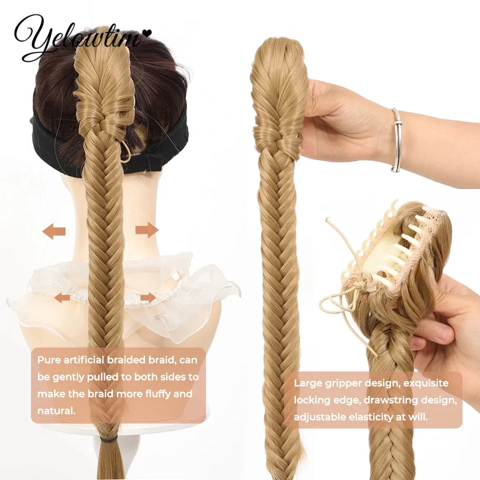 Synthetic Ponytail Extension Hairpiece Straight Claw Clip Fishbone Braid Ponytail For Women Heat Resistant Pony Tail Fake Hair